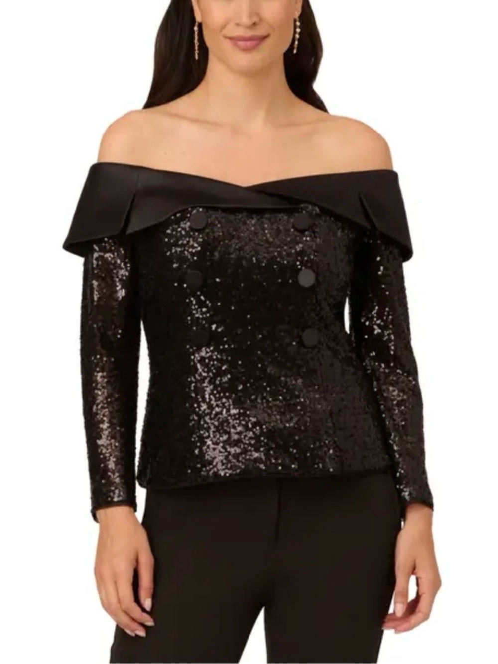 Adrianna Papell Size 4 Black Off-Shoulder Sequin Tuxedo styleTop